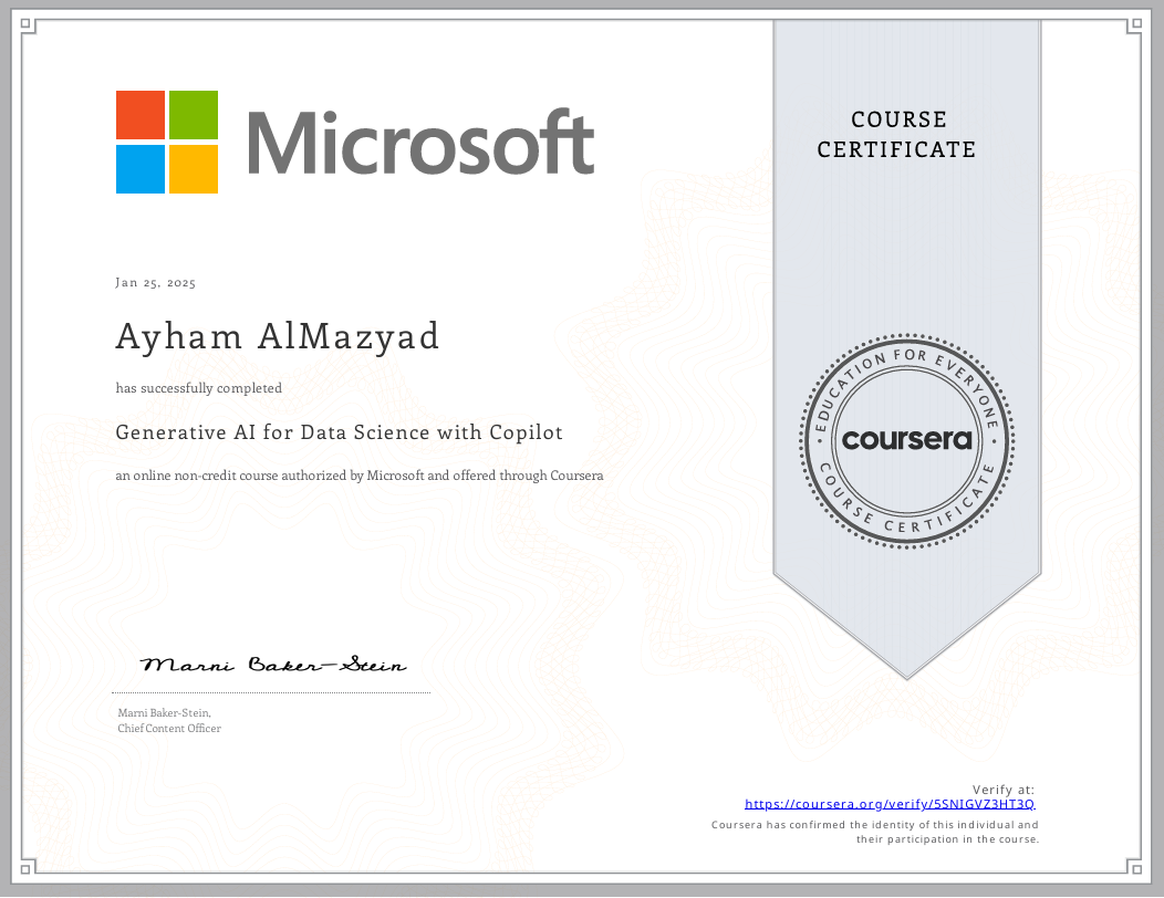 Microsoft Generative AI for Data Science with Copilot Certificate - Ayham AlMazyad