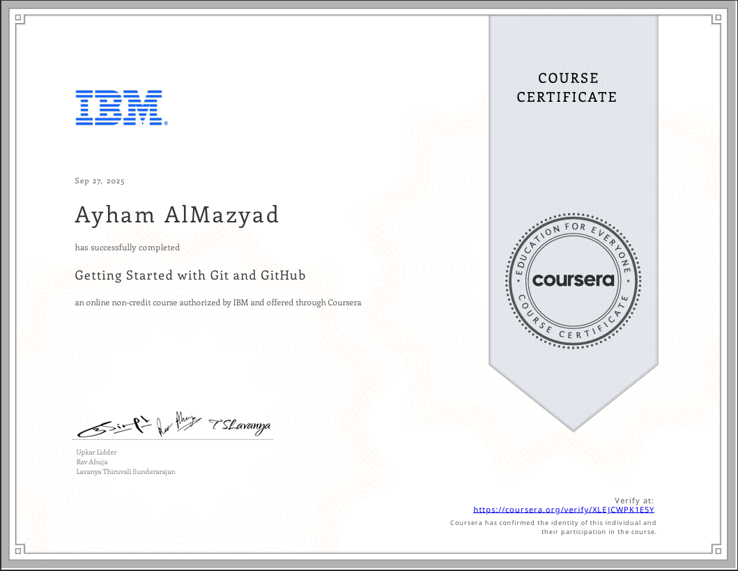 IBM Git and GitHub Certificate - Ayham AlMazyad